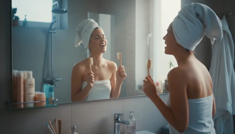 Illustration of bathroom singer: Someone who sings alone in the bathroom.