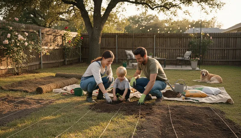 Illustration of make garden: Create or cultivate a garden.
