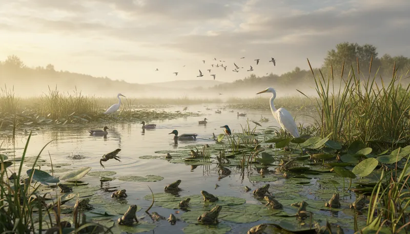 Illustration of wetland: An area of land saturated with water.
