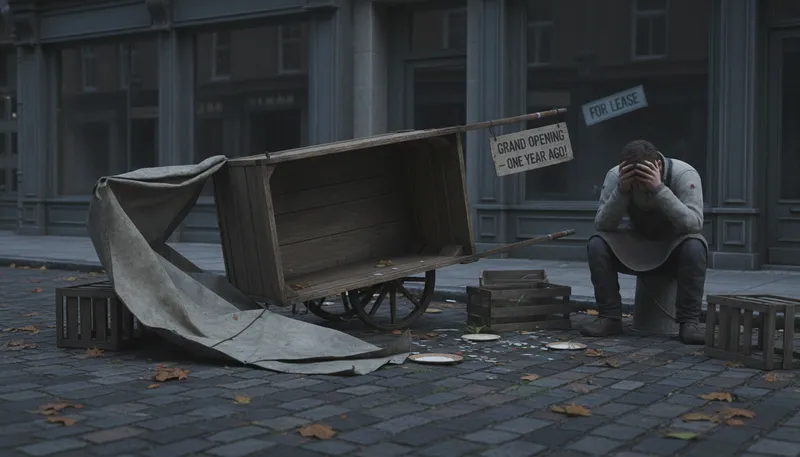 Illustration of bankrupt cart: a failed or empty venture