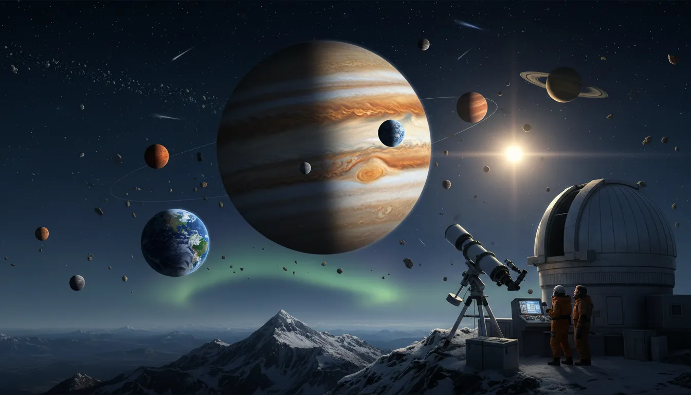 Illustration of solar system: The sun and all the planets and objects that move around it.