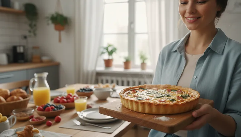 Illustration of quiche: A savory pie filled with eggs and cheese.
