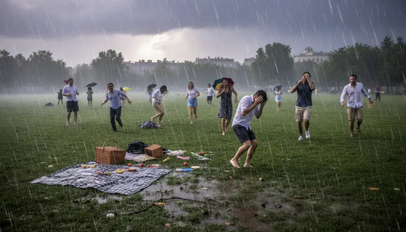 Illustration of rainstorm: A storm with heavy rain and wind.