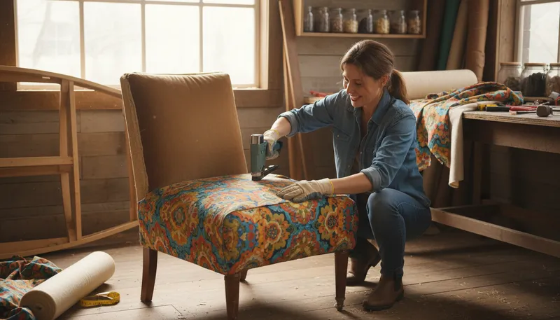 Illustration of upholster: To cover furniture with fabric.