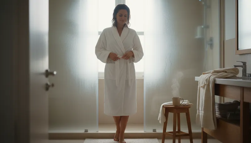 Illustration of bathrobe: A loose garment worn after bathing.