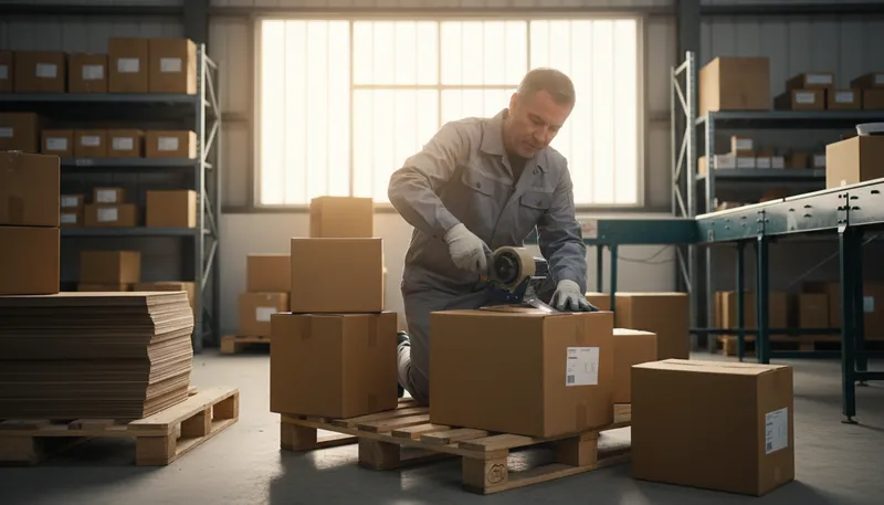 Illustration of packer: A person or machine that packs items.