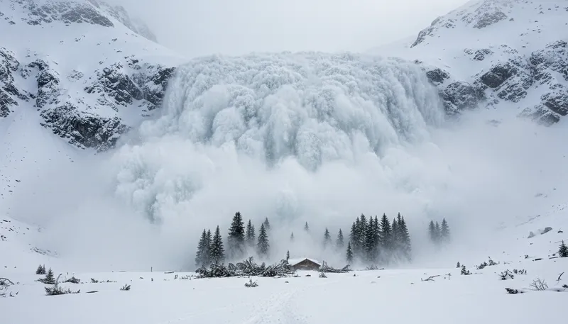 Illustration of avalanche: A mass of snow falling rapidly.