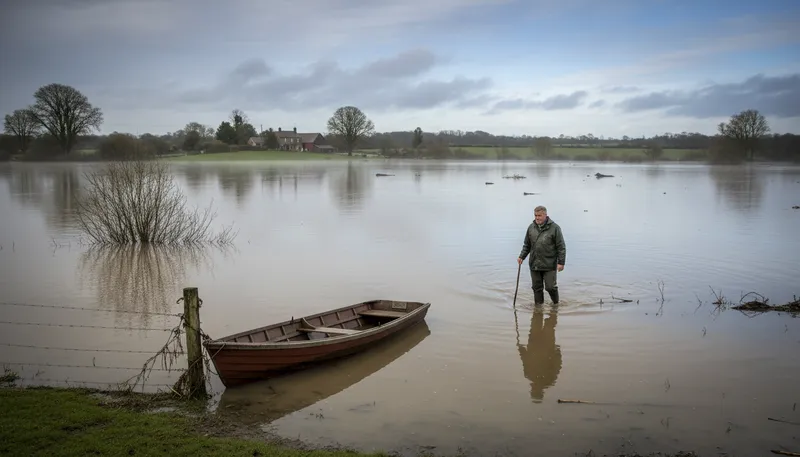 Illustration of floodplain: Flat land near a river that floods.