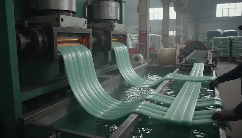 Illustration of extrude: To force material out through a die or opening.