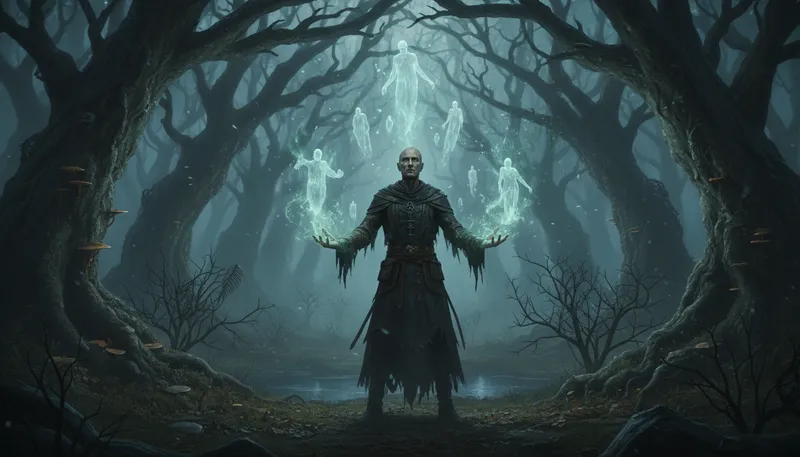 Illustration of necromancer: A person who communicates with the dead.