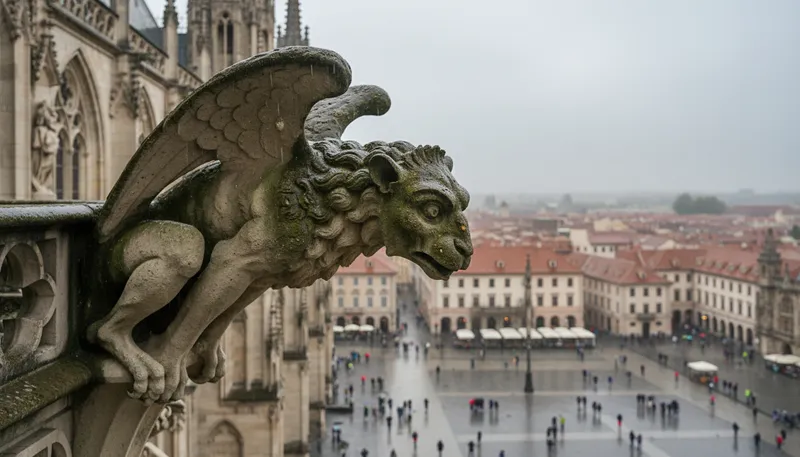 Illustration of gargoyle: A carved figure on a building, often grotesque.
