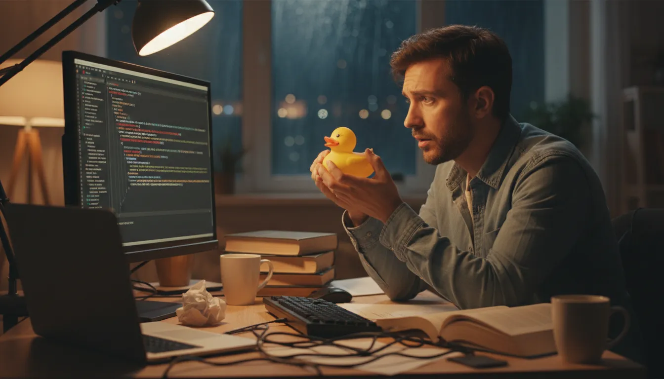 Illustration of rubber duck: explaining a bug to an object until finding the answer