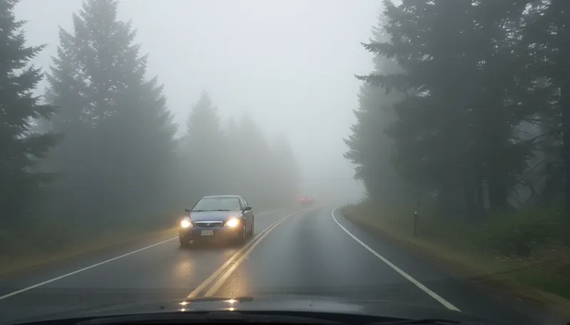 Illustration of fog: Thick mist that reduces visibility.