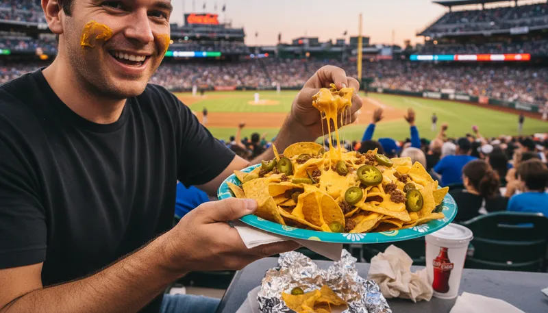 Illustration of nacho: A tortilla chip topped with cheese and toppings.