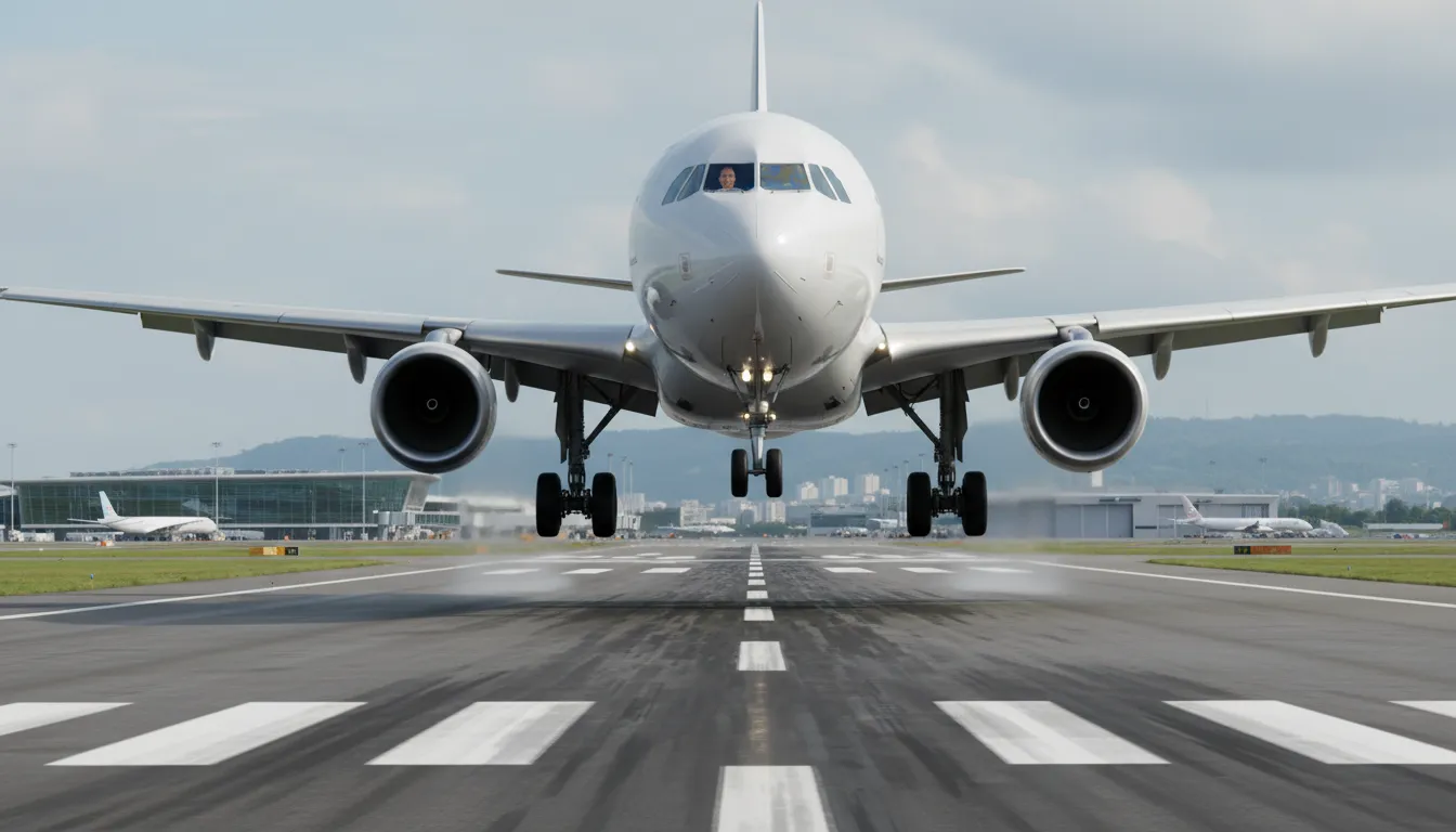 Illustration von land the plane: Bring the aircraft safely to the ground.