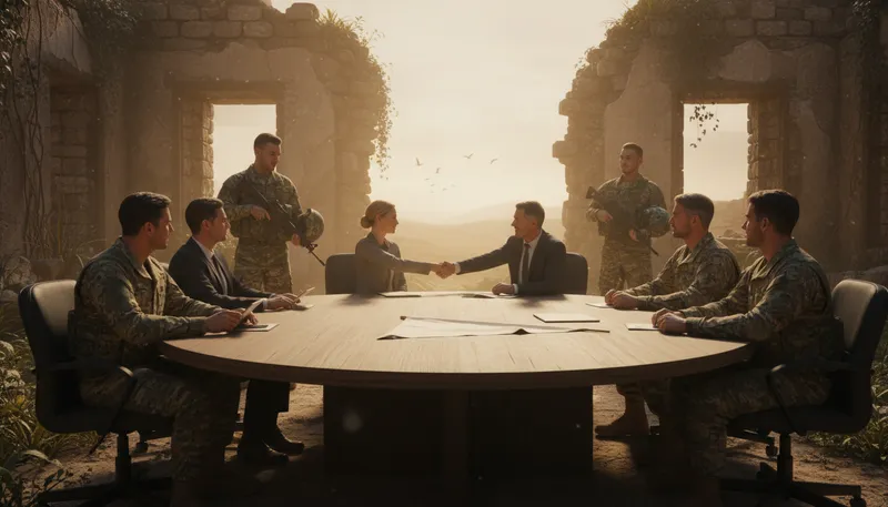 Illustration of truce: An agreement to stop fighting.
