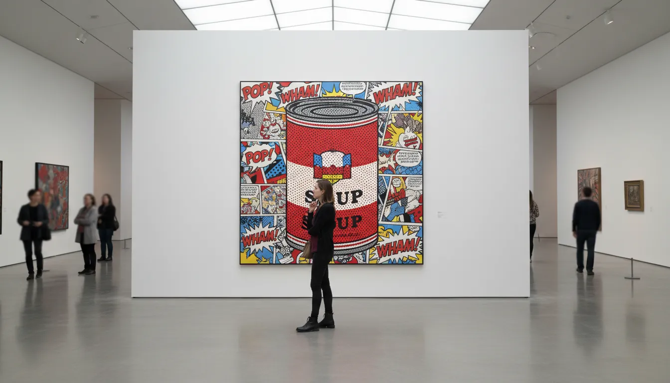 pop artのイラスト：Art featuring images from ads, comics, and everyday objects.
