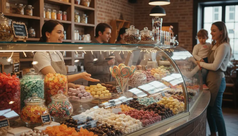 Illustration of confectionery: Sweets and candies, often in a shop.