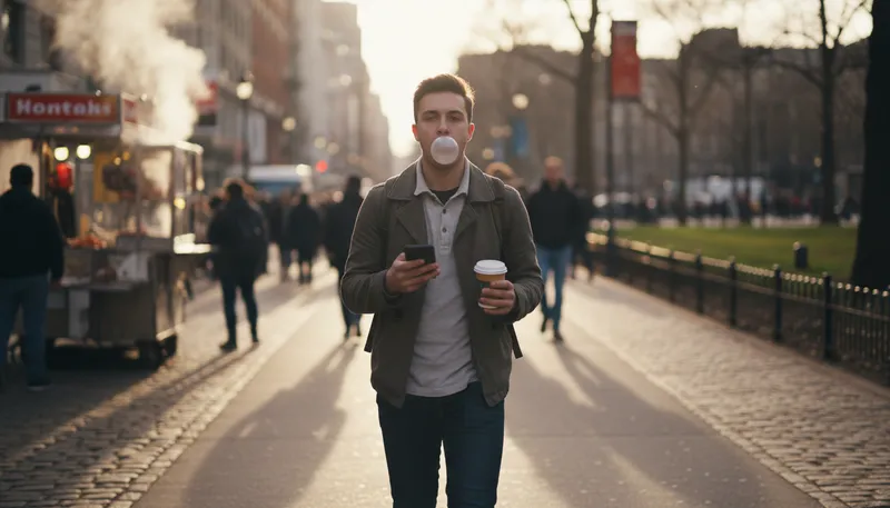 Illustration of walk and chew gum at the same time: manage two tasks simultaneously.
