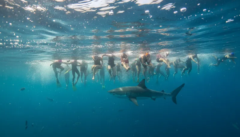 Illustration of shark bait: someone vulnerable or at risk.
