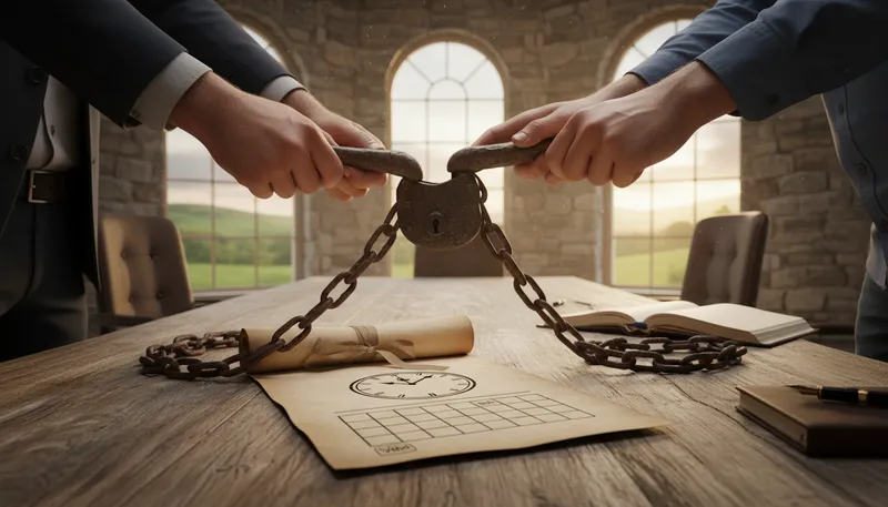 Illustration of lock into: securely commit to something.