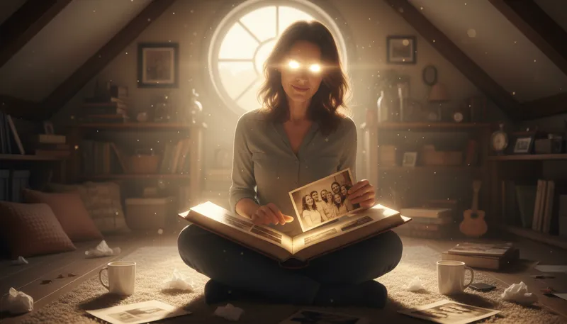 Illustration of blinded by nostalgia: overwhelmed by fond memories of the past