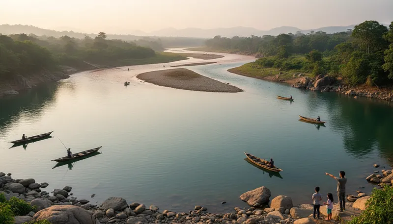 Illustration of confluence: The point where two rivers meet together.