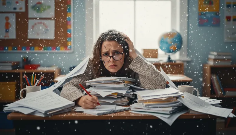 Illustration of snowed under: Overwhelmed with too much work or responsibility.