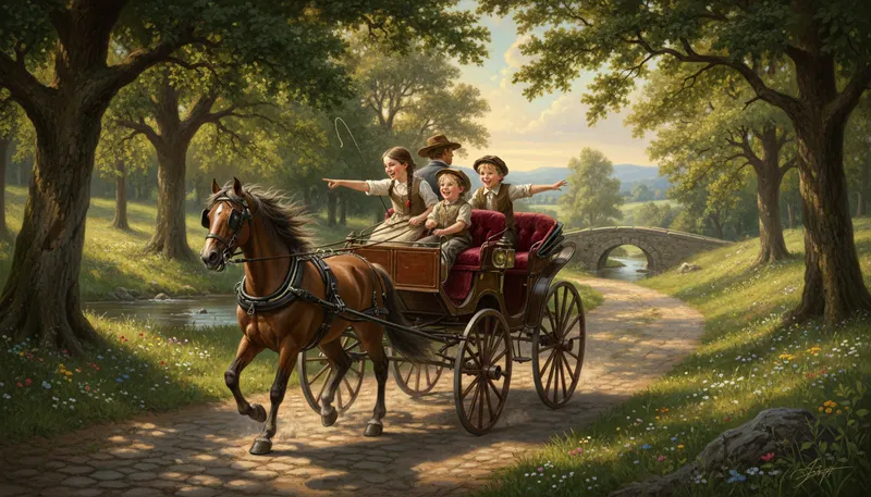 Illustration of shay: A light, open horse-drawn carriage.