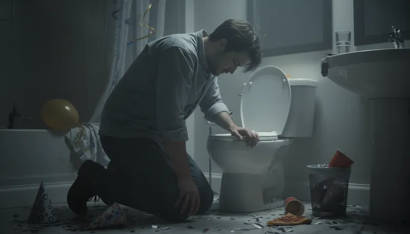 Illustration of drive the porcelain bus: to vomit into a toilet