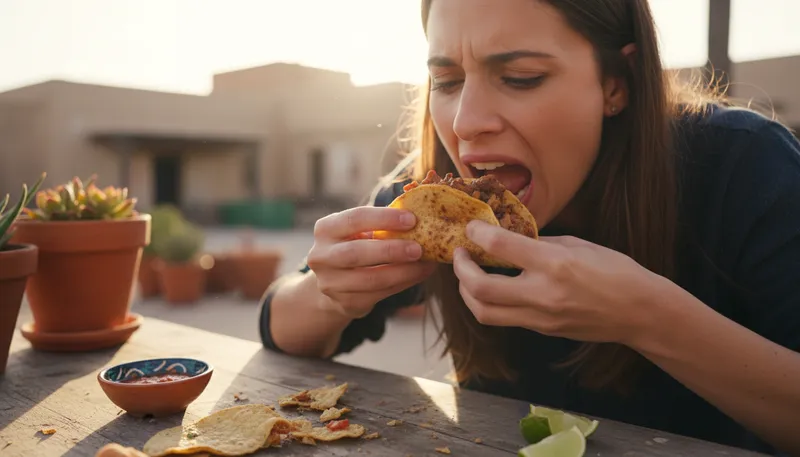 Illustration of tough tacos: crispy tacos filled with spicy, hard-to-chew meat.