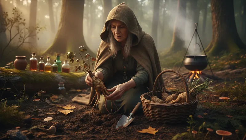 Illustration of mandrake: A plant with roots resembling human figures, used in folklore.