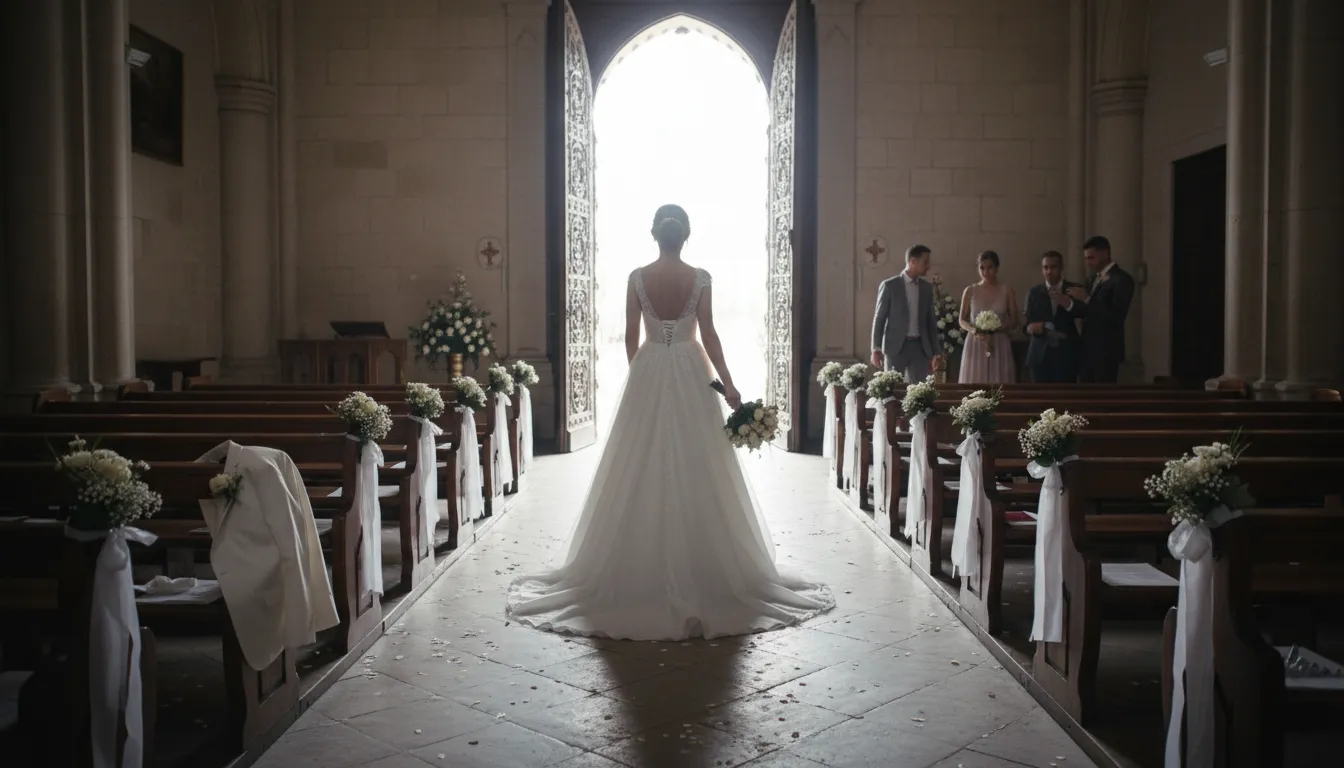Illustration de leave someone at the altar : To abandon someone on a wedding day.