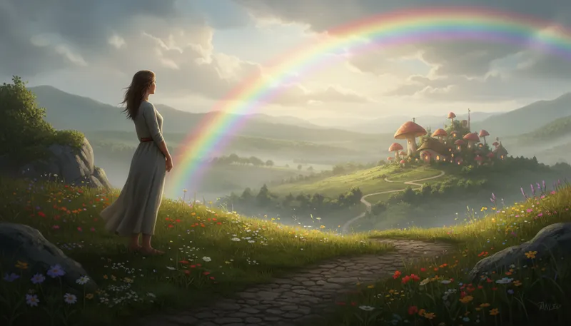 Illustration of somewhere over the rainbow: in a place of dreams or hope