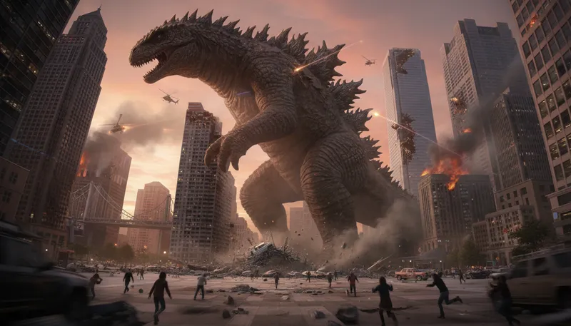 Illustration of godzilla: A fictional giant monster from Japan.
