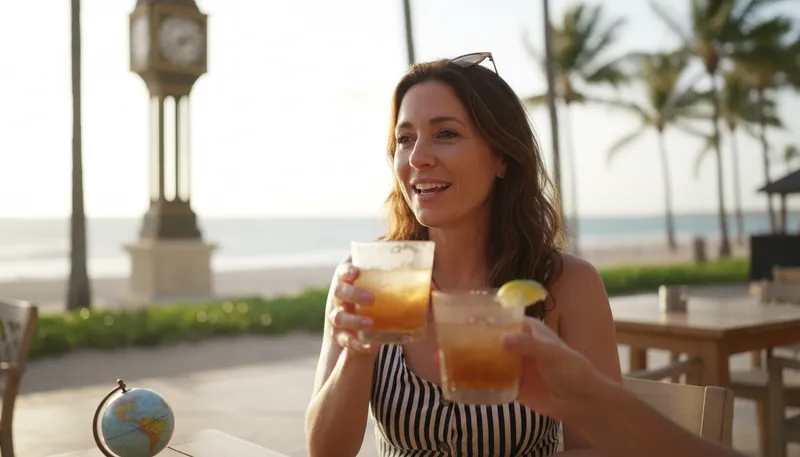 Illustration of it's five o'clock somewhere: time for a drink, anywhere but here
