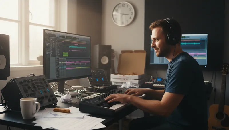Illustration of bang out: Produce something quickly, often music or work.