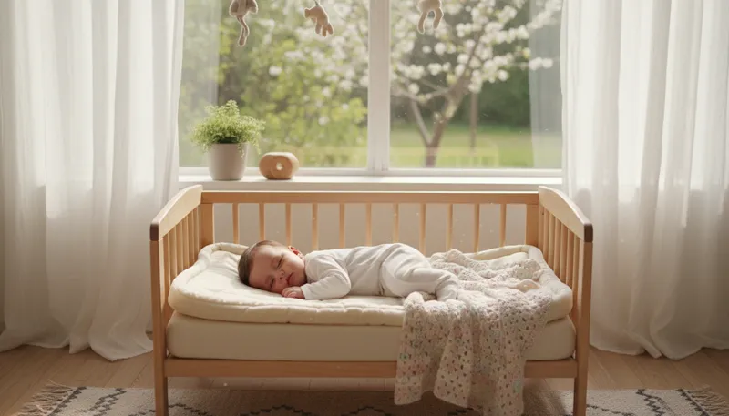 Illustration of crib: A bed for a small child, often with bars.