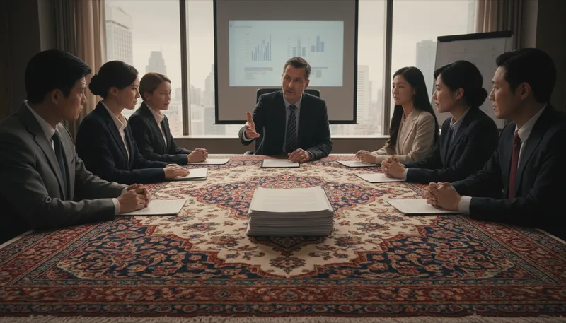 Illustration of upon the tapis: under discussion or consideration in a formal setting