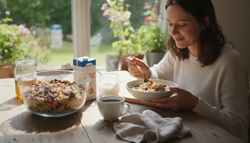 Illustration of granola: A mixture of oats, nuts, and sweeteners.