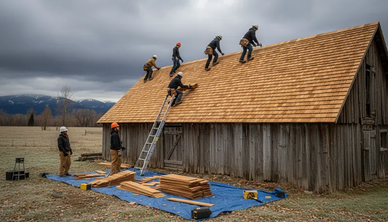 Illustration of shing: To cover a roof with shingles.