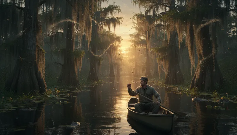 Illustration of bayou: A marshy outlet of a lake or river.
