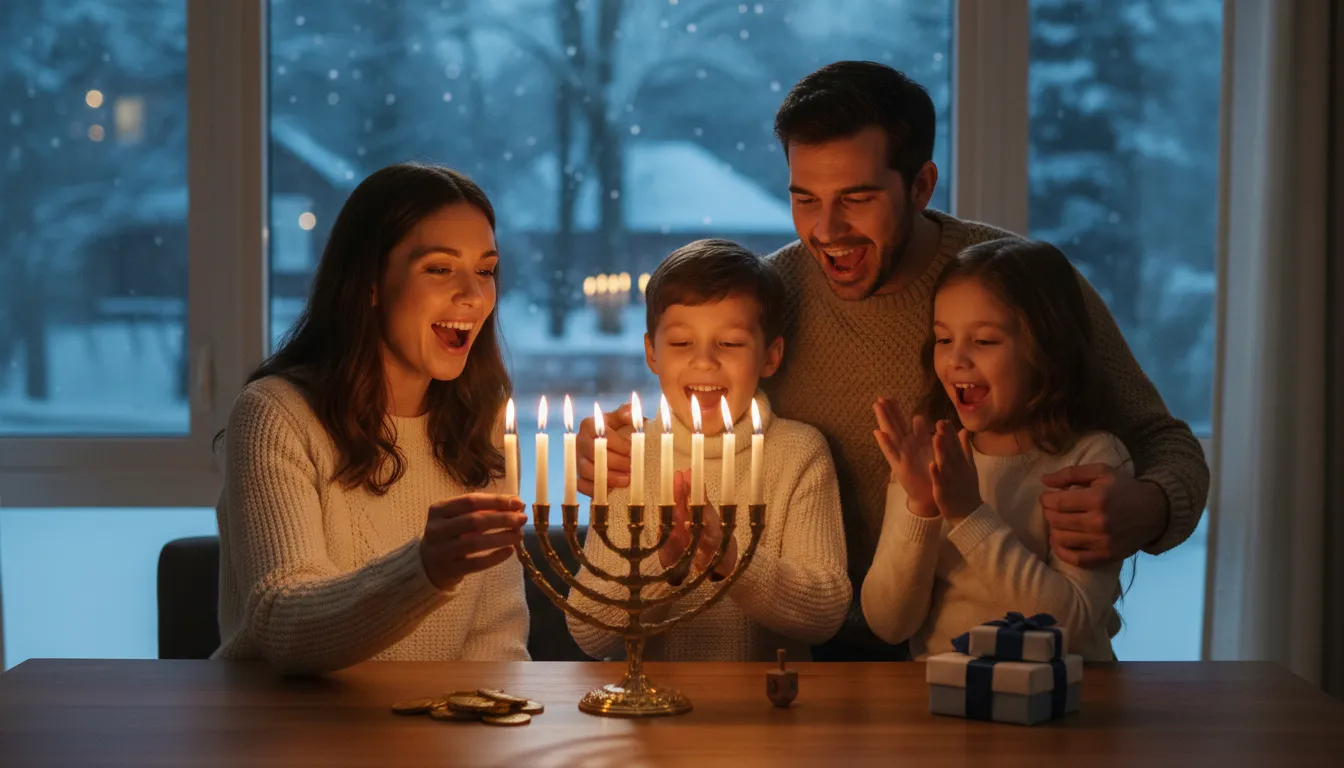 happy Hanukkah 的插圖：a festive greeting used for the Jewish winter holiday