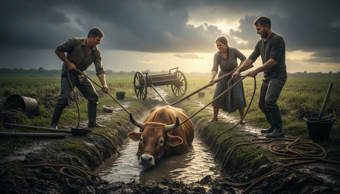 Illustration von ox is in the ditch: a problem needs urgent attention