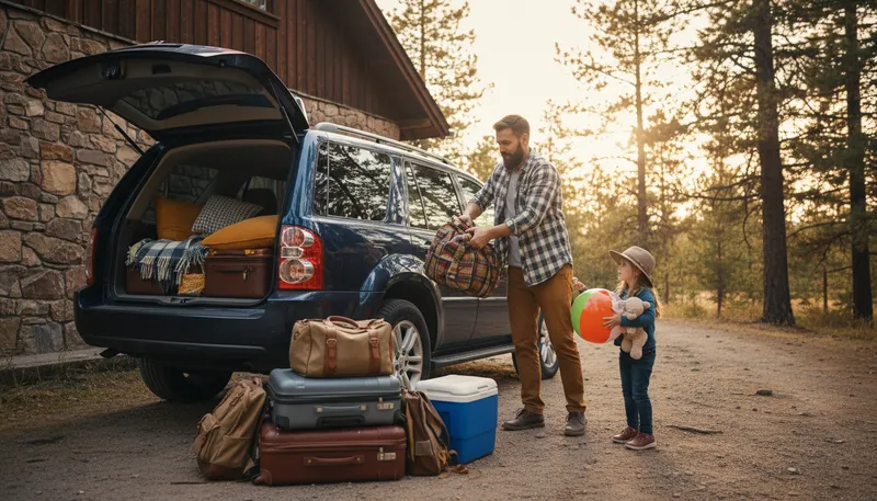 Illustration of load up: Fill or pack a vehicle or container.