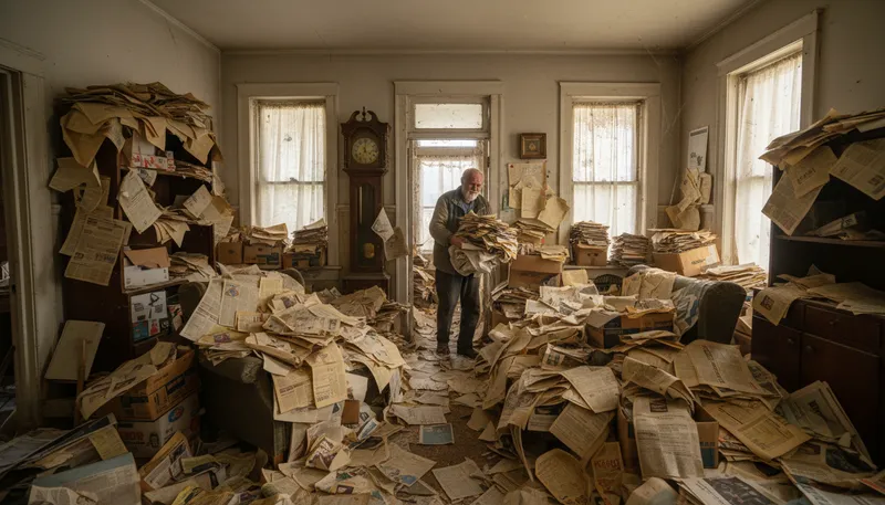 Illustration of hoarder: A person who collects and keeps excessive items.
