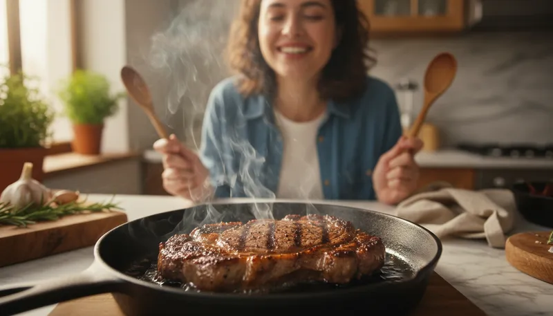 Illustration of steak: A thick slice of meat, usually beef.