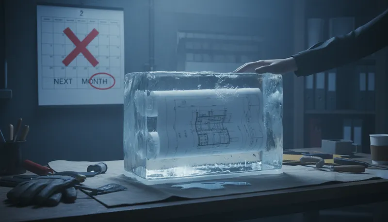 Illustration of on ice: Temporarily postponed or delayed.