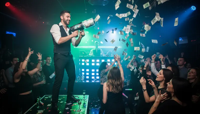 Illustration of make it rain: to spend or give money freely.