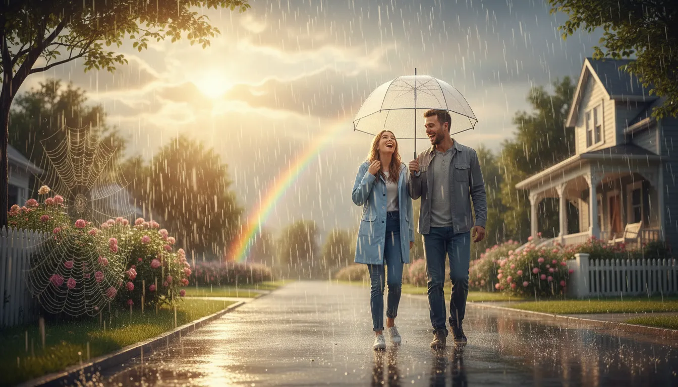 Illustration of the devil is beating his wife: sunshine while it is raining